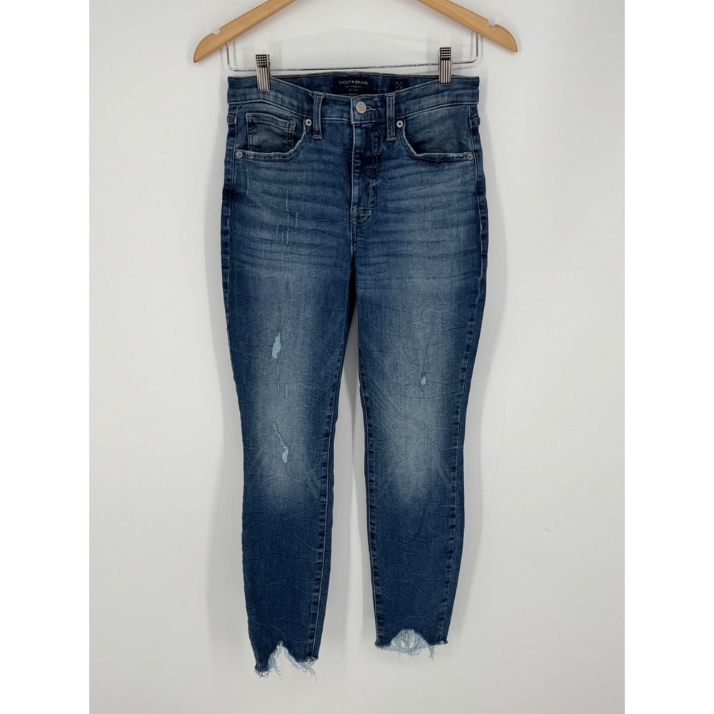 Lucky Brand Bridgette Skinny Jeans Women 4/27 Blue Denim Raw Hem Distressed M4